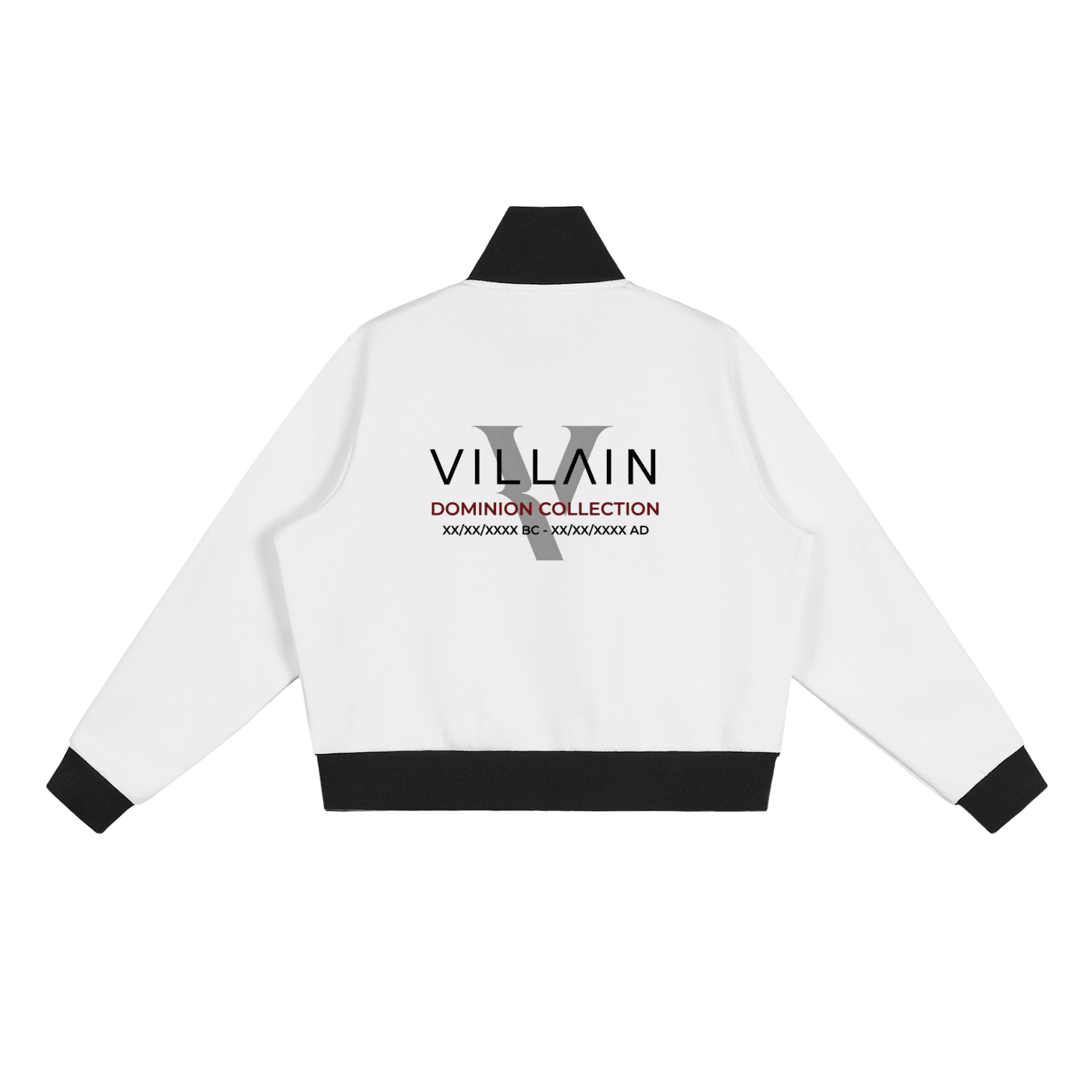 White cropped track jacket with black collar and cuffs, Villain Dominion Collection text on back