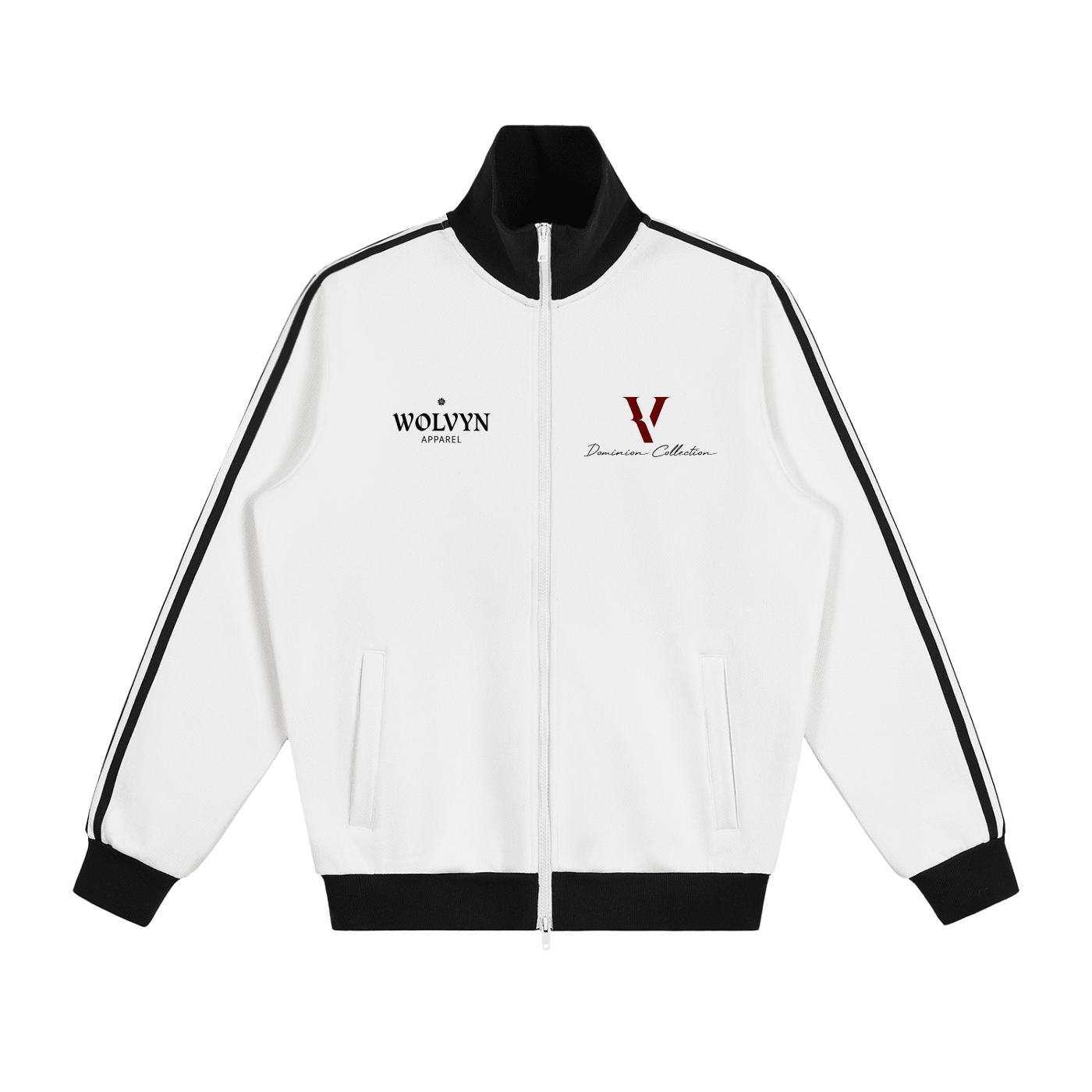 White fleece track jacket with black side stripes, zip front, chest logos, and black trim.