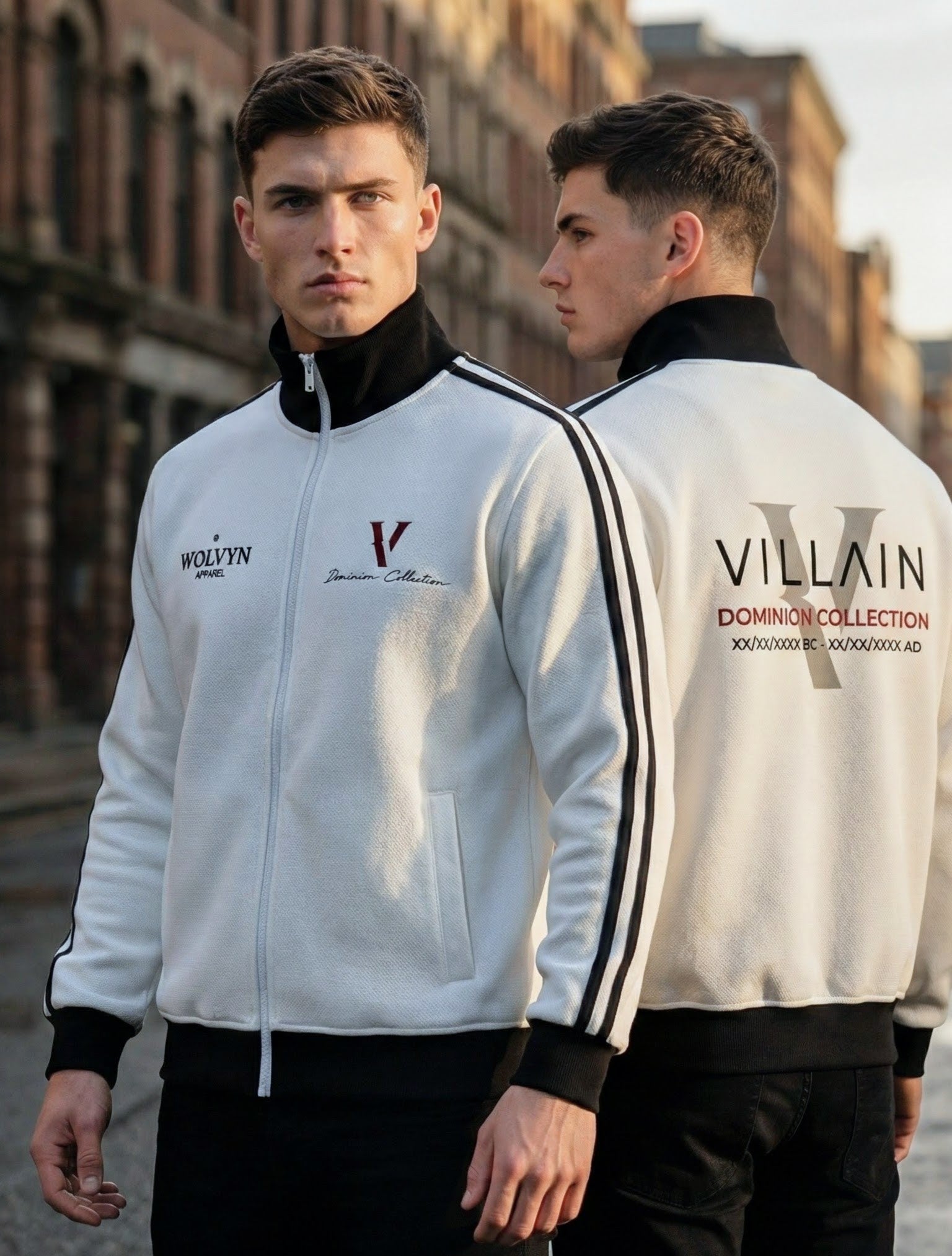 Two men wearing white fleece track jackets with black side stripes, streetwear style, outdoor setting.