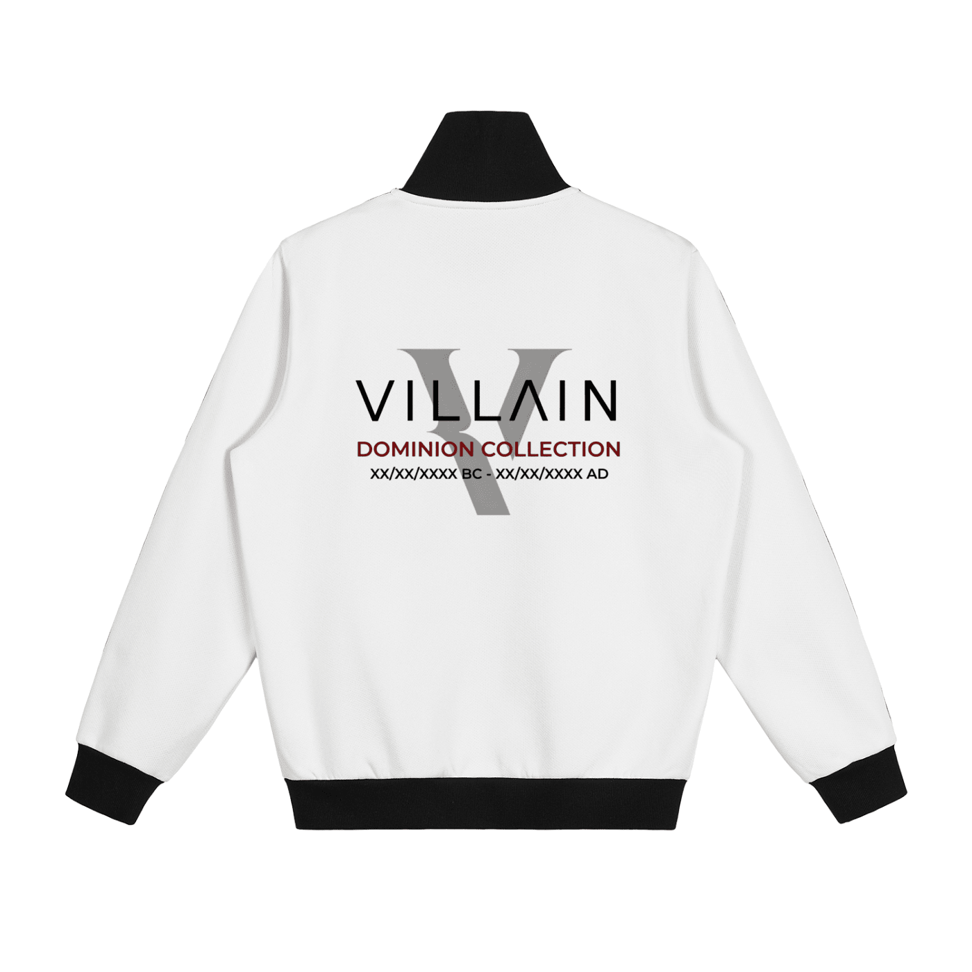 White fleece track jacket with black cuffs, featuring Dominion Collection Villain graphic on back