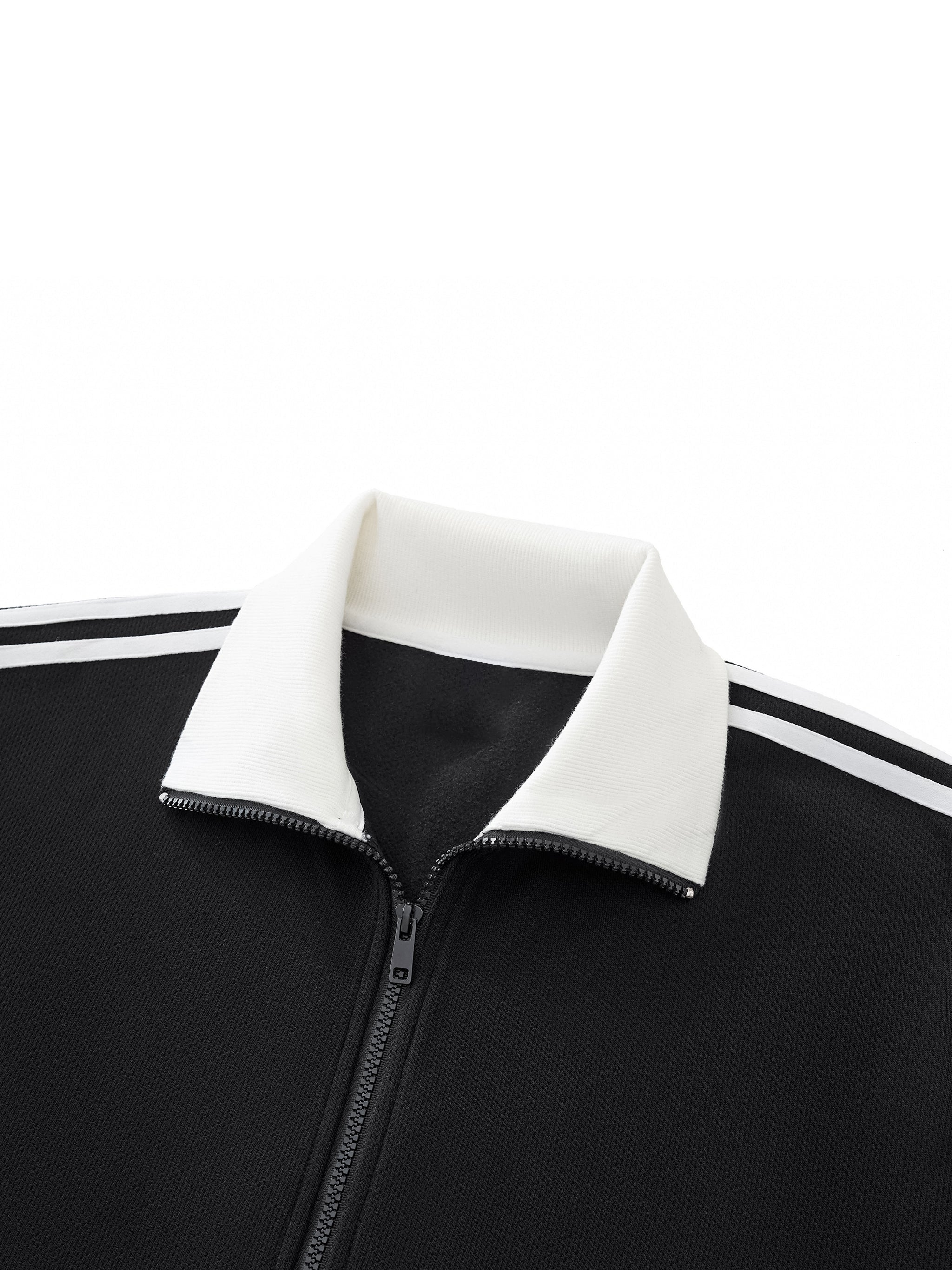 Black fleece track jacket with white stand collar and side stripes, front zipper detail