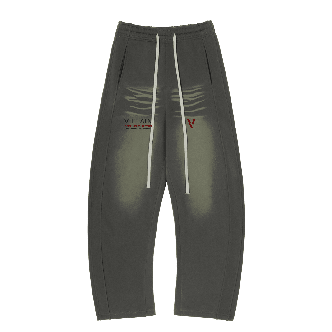 Sun-fade effect fleece sweatpants with curved blade design, front text, and drawstrings