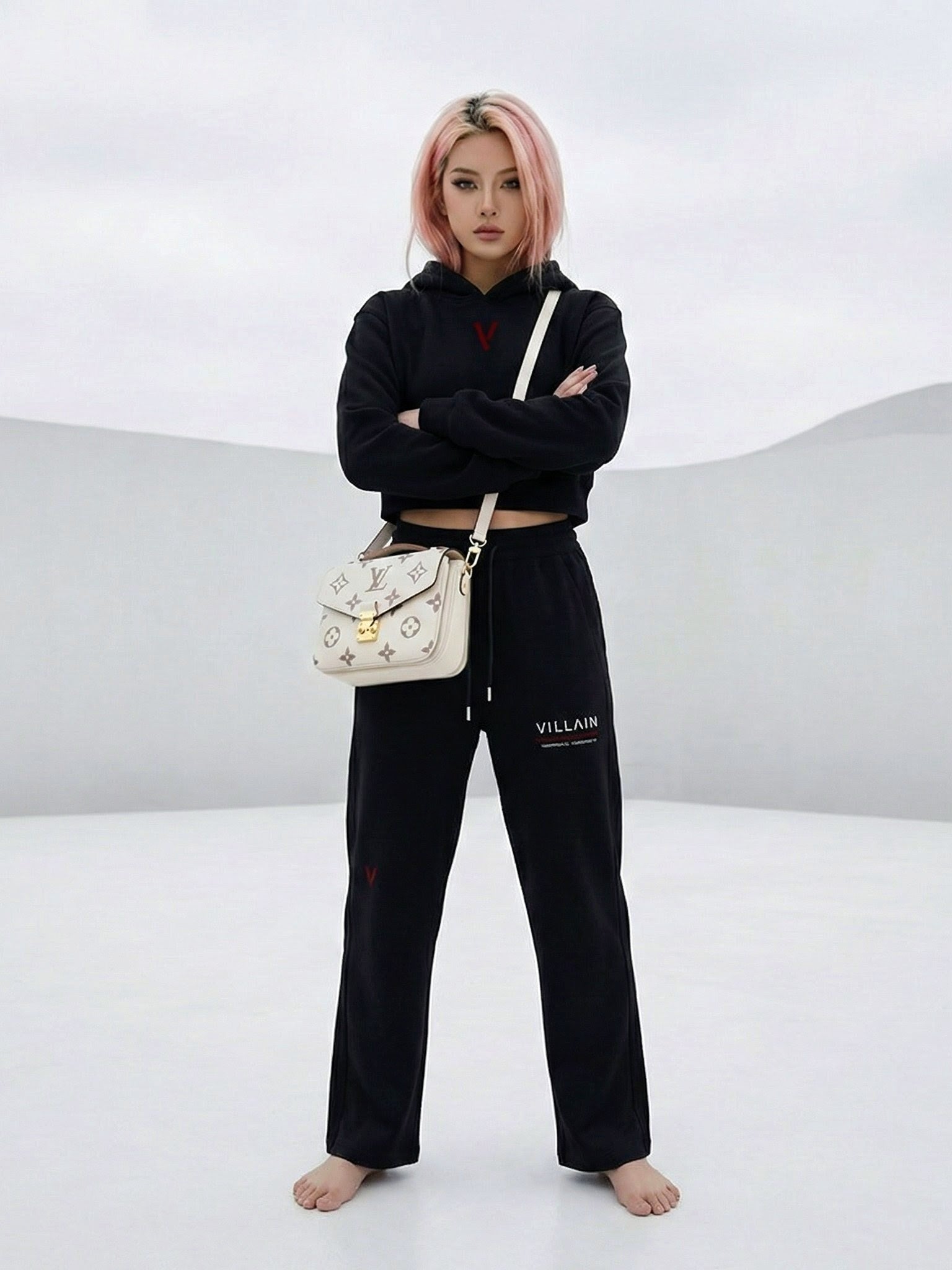 Woman in cropped black hoodie and sweatpants with 'Villain' text, barefoot, posing in a minimal white setting, carrying a white designer bag.
