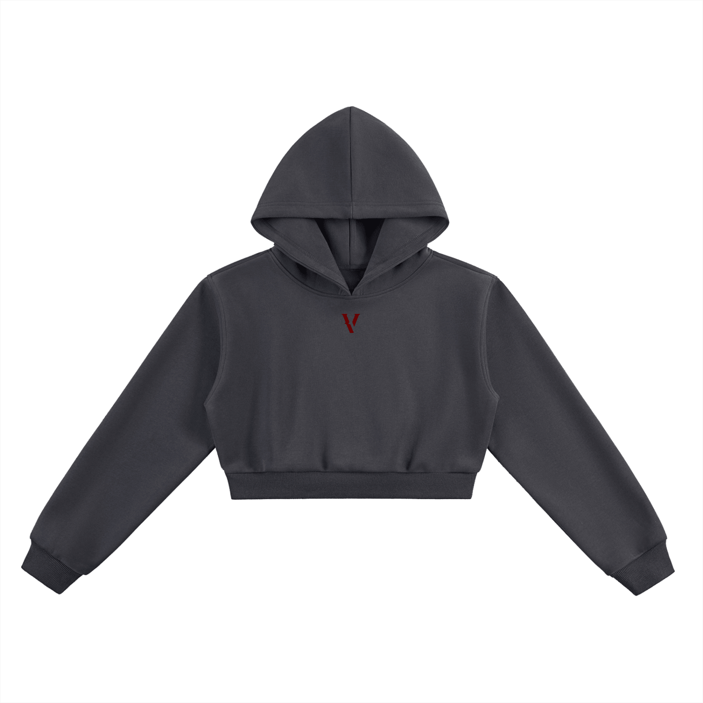 Black cropped hoodie with long sleeves and minimalist red 'V' logo on chest