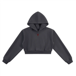 Black cropped hoodie with long sleeves and minimalist red 'V' logo on chest