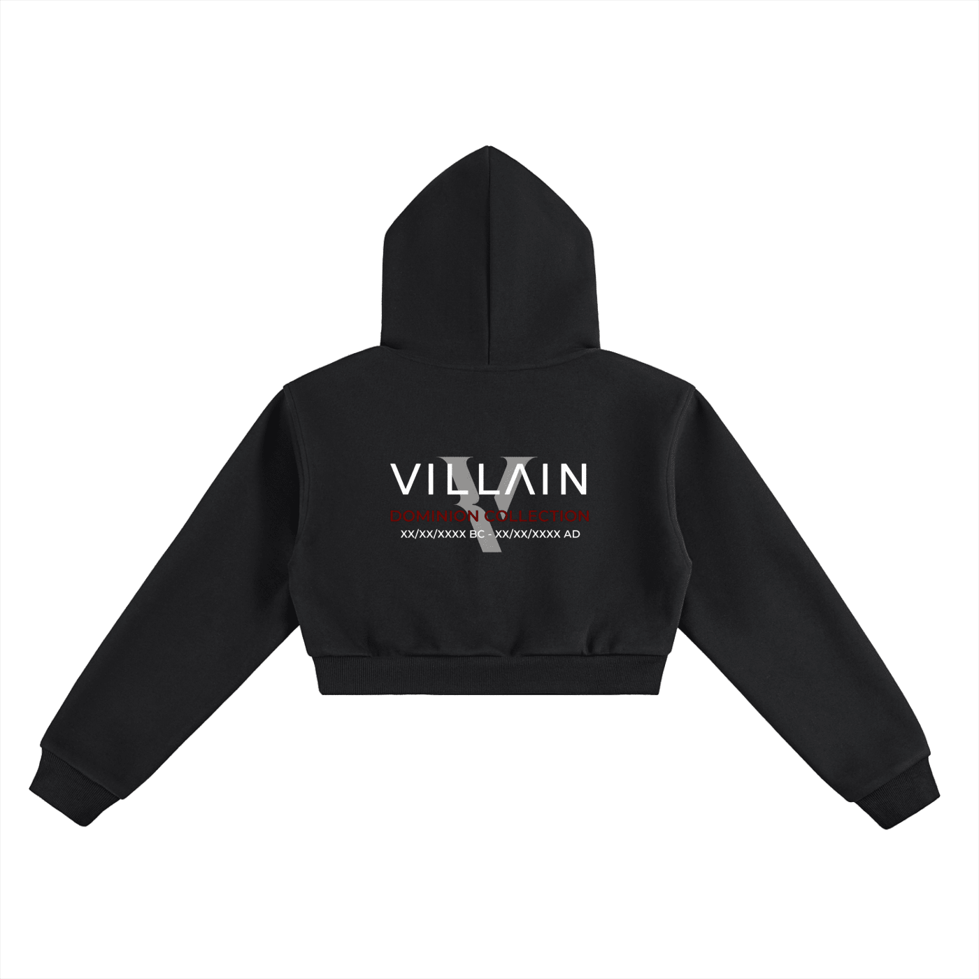 Black cropped hoodie with 'Villain Dominion Collection' text and gray graphic on back