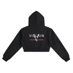 Black cropped hoodie with 'Villain Dominion Collection' text and gray graphic on back