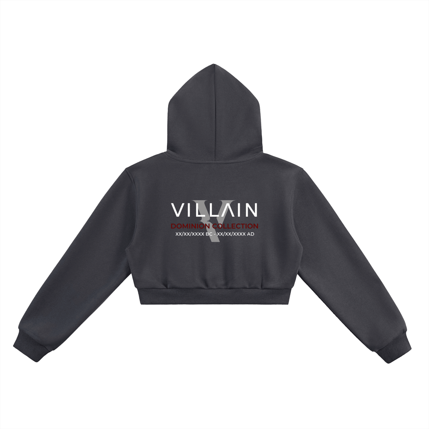 Black cropped hoodie with VILLAIN Dominion Collection text on back, streetwear style