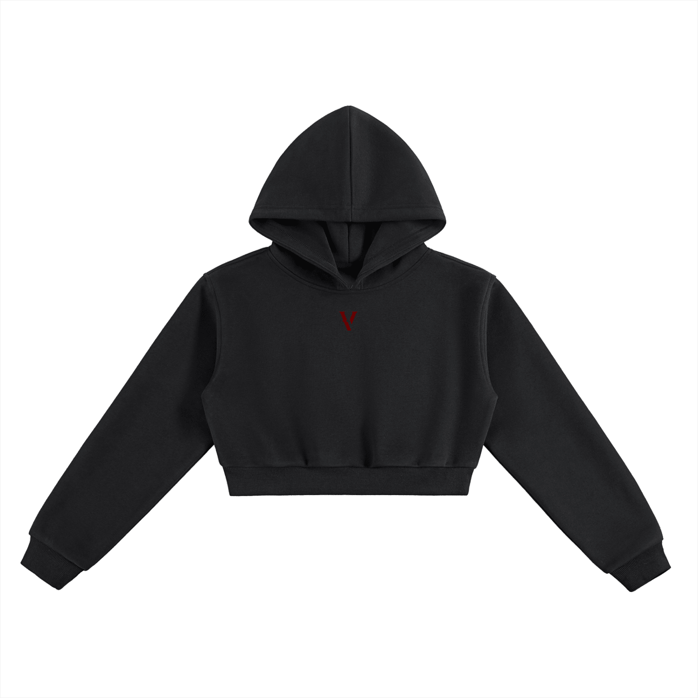black cropped hoodie with small red V logo on chest, heavyweight streetwear style