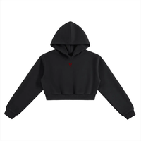 black cropped hoodie with small red V logo on chest, heavyweight streetwear style