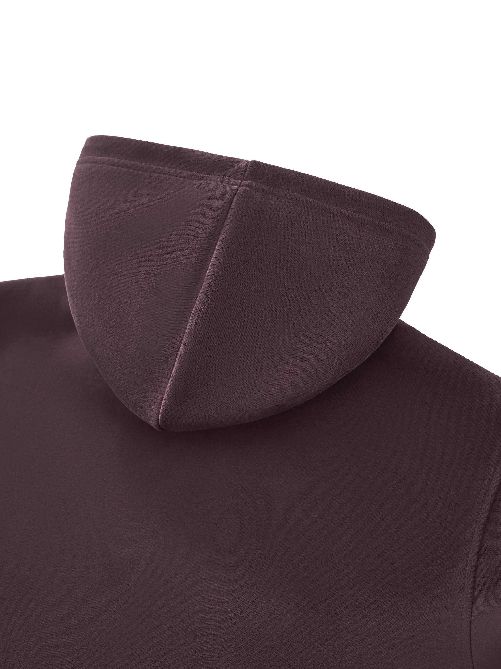 Close-up of plain brown cropped hoodie hood on white background, heavyweight streetwear style