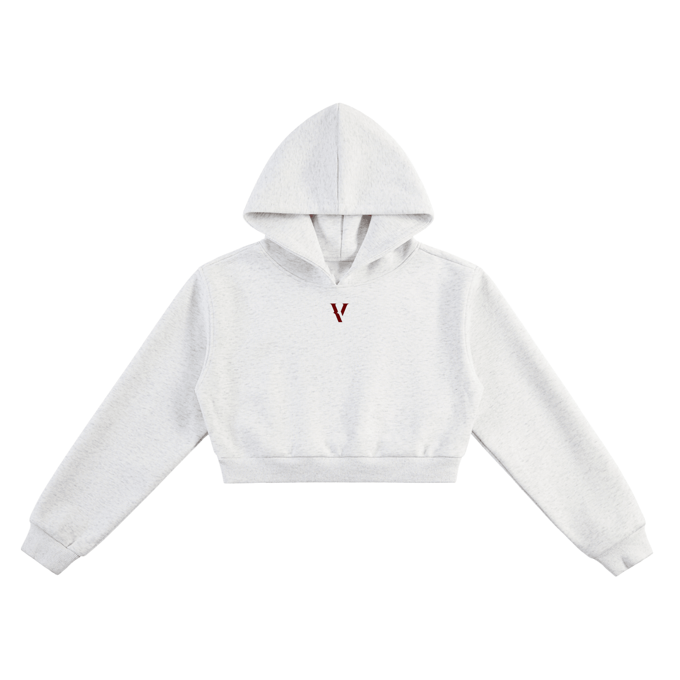 White cropped hoodie with minimalist V logo and adjustable hood, streetwear style