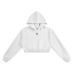White cropped hoodie with minimalist V logo and adjustable hood, streetwear style