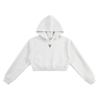 White cropped hoodie with minimalist V logo and adjustable hood, streetwear style