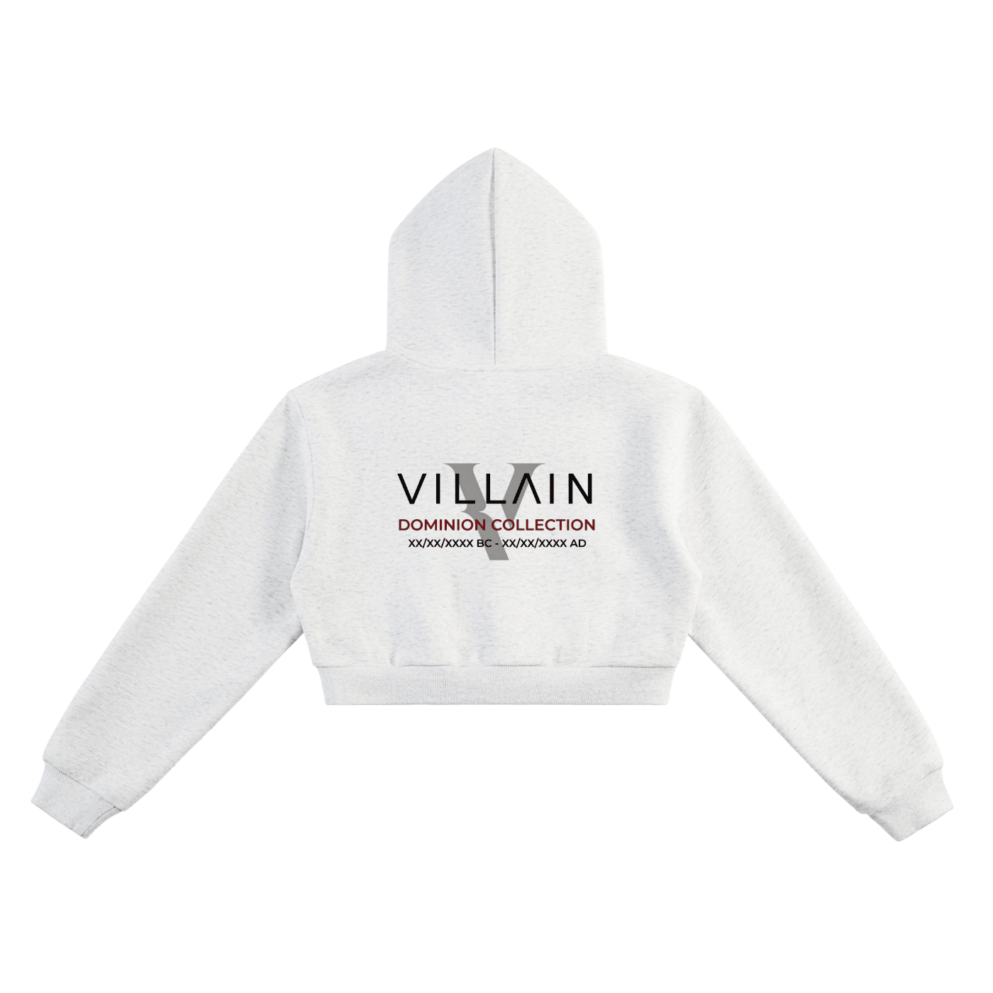 White cropped hoodie with 'VILLAIN Dominion Collection' graphic on back, streetwear style