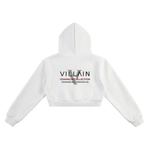 White cropped hoodie with 'VILLAIN Dominion Collection' graphic on back, streetwear style