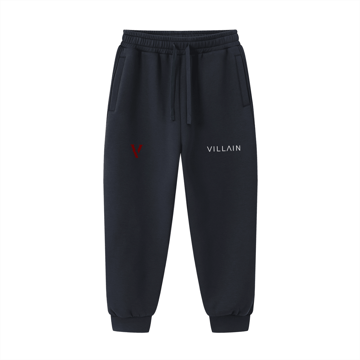 Black drawstring jogger sweatpants with Villain text and red V logo on front