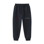 Black drawstring jogger sweatpants with Villain text and red V logo on front