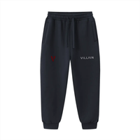Black drawstring jogger sweatpants with Villain text and red V logo on front