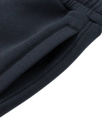 Close-up of black heavyweight jogger sweatpants pocket and waistband details