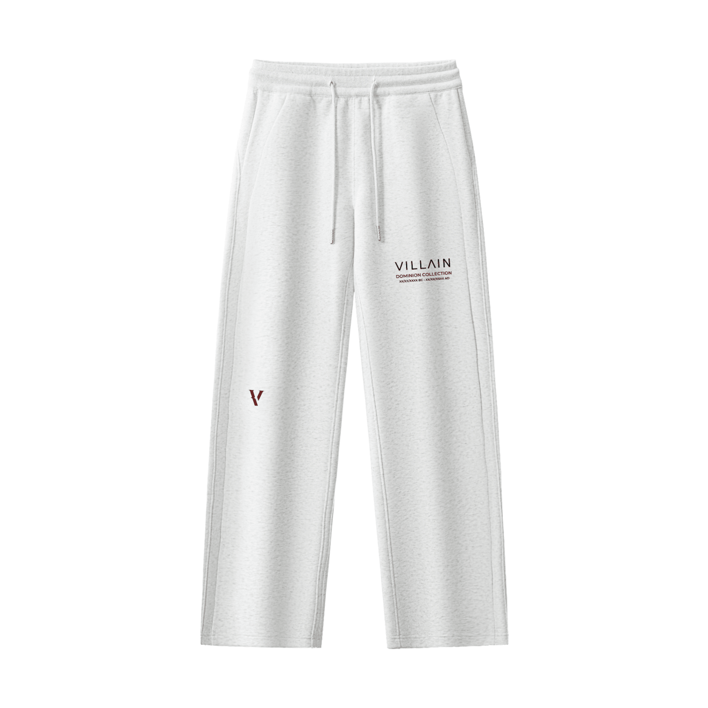White straight-leg sweatpants with drawstring, 'VILLAIN' and 'V' logos on front