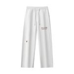 White straight-leg sweatpants with drawstring, 'VILLAIN' and 'V' logos on front