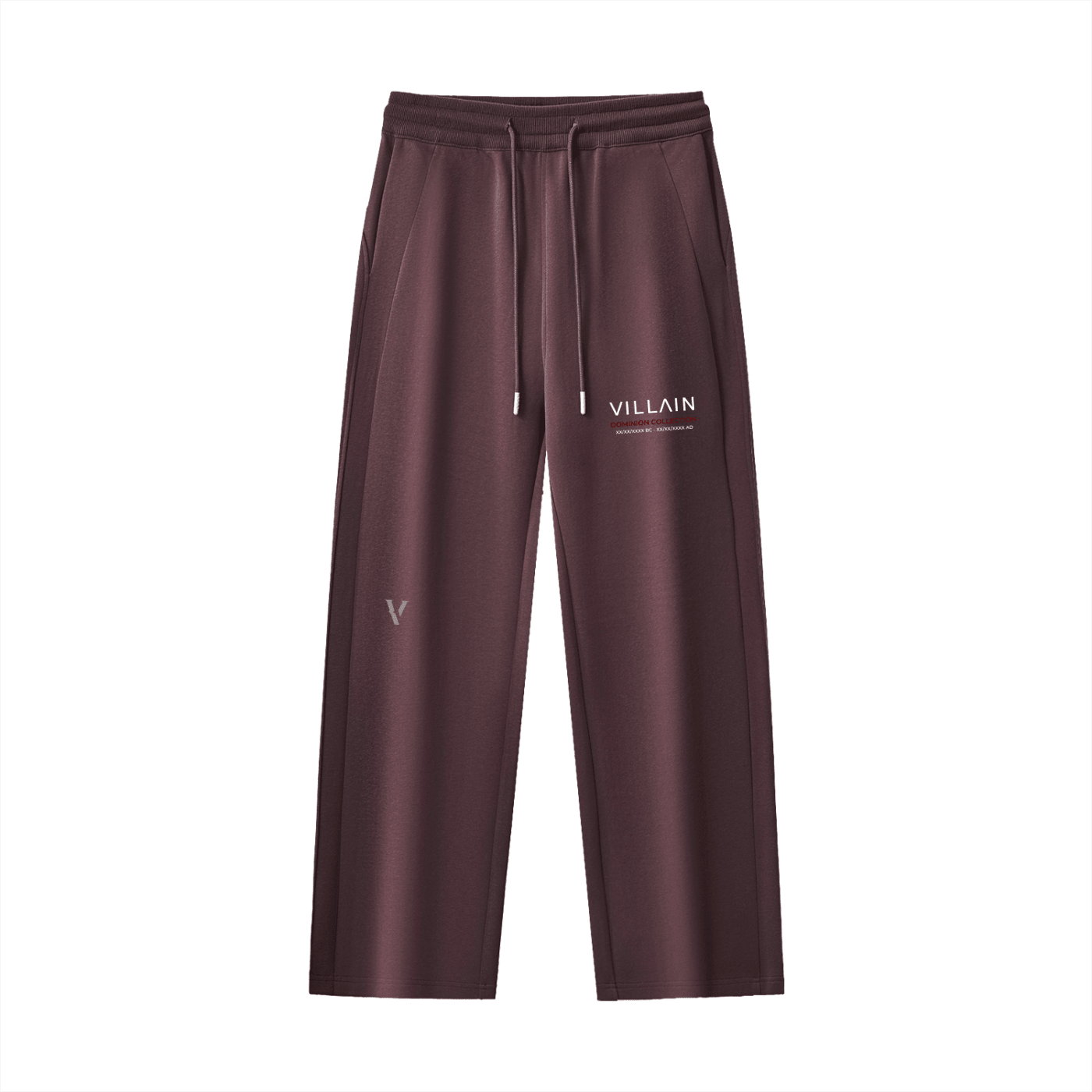 Burgundy straight-leg sweatpants with drawstring and VILLAIN text graphic on front