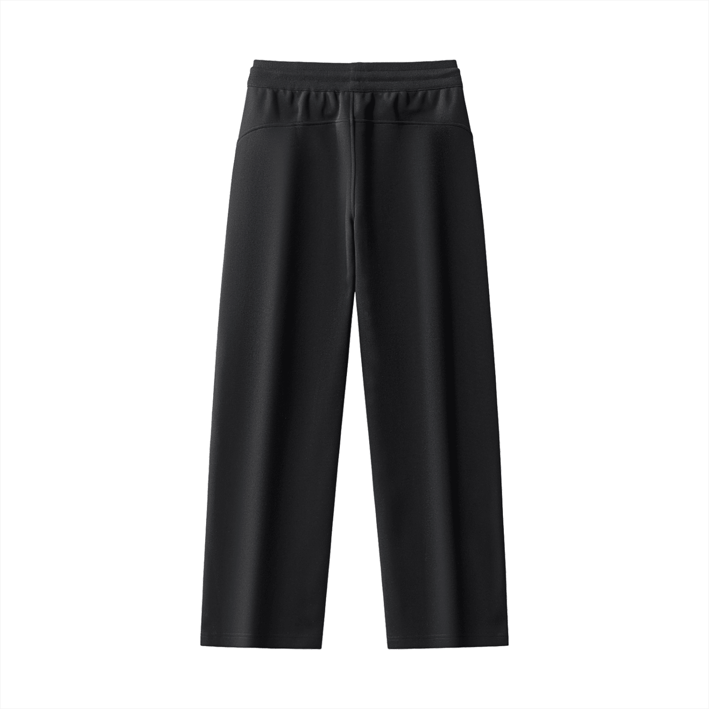 Black straight leg sweatpants with elastic waistband, minimalist design on white background