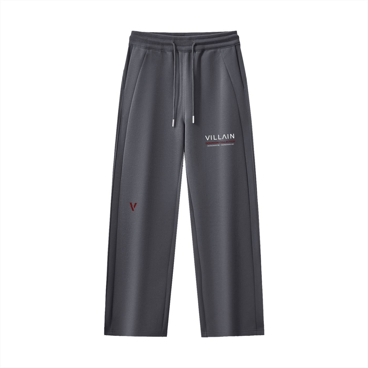 Dark grey straight leg sweatpants with drawstring, pocket details, and 'VILLAIN' text print