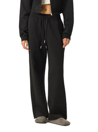Black straight-leg sweatpants with drawstring waist, modeled on a white background