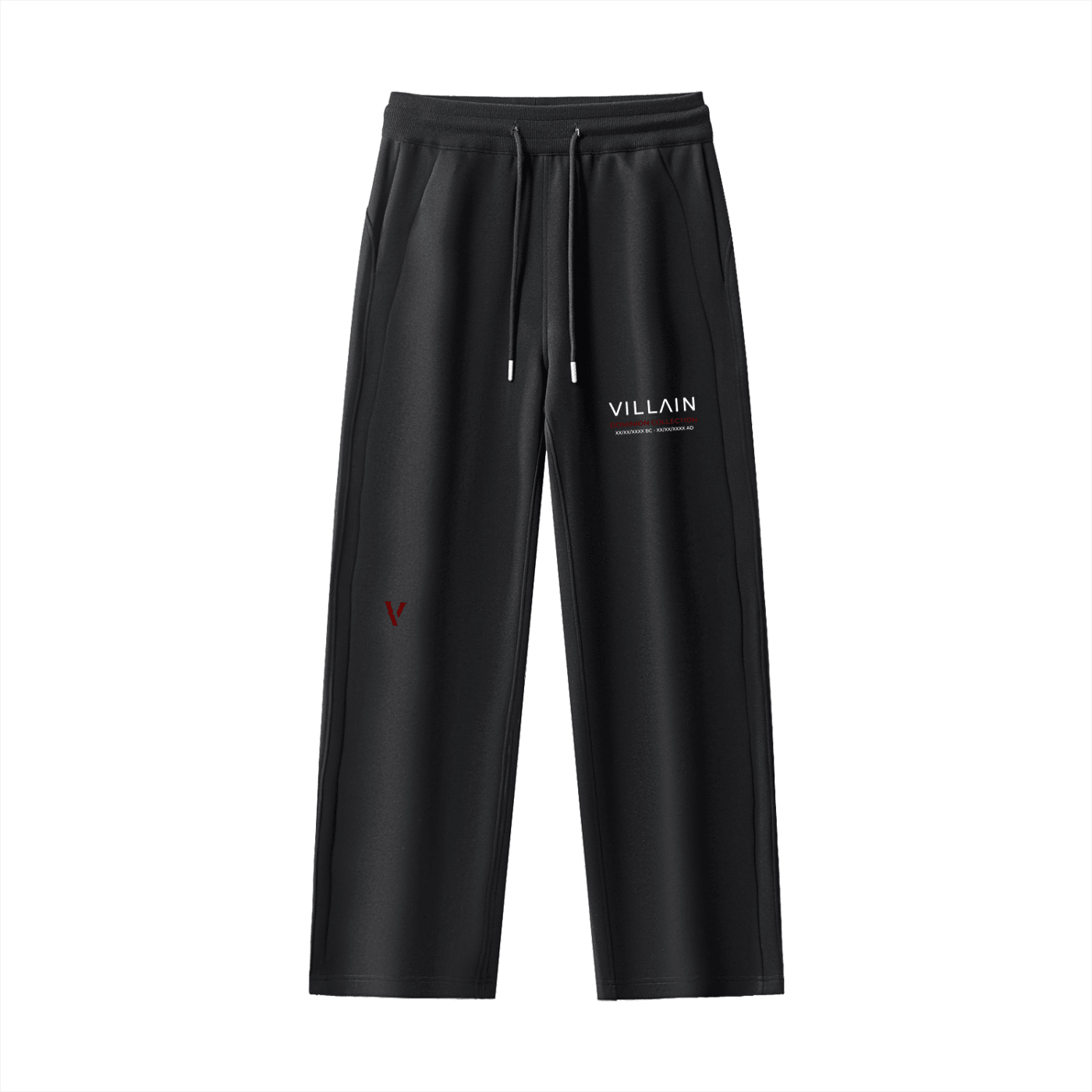 Black straight leg sweatpants with drawstring waist, 'VILLAIN' logo and red accent