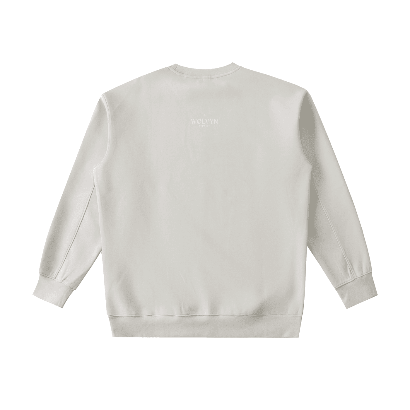 Back view of beige heavyweight crewneck sweatshirt with subtle logo detail