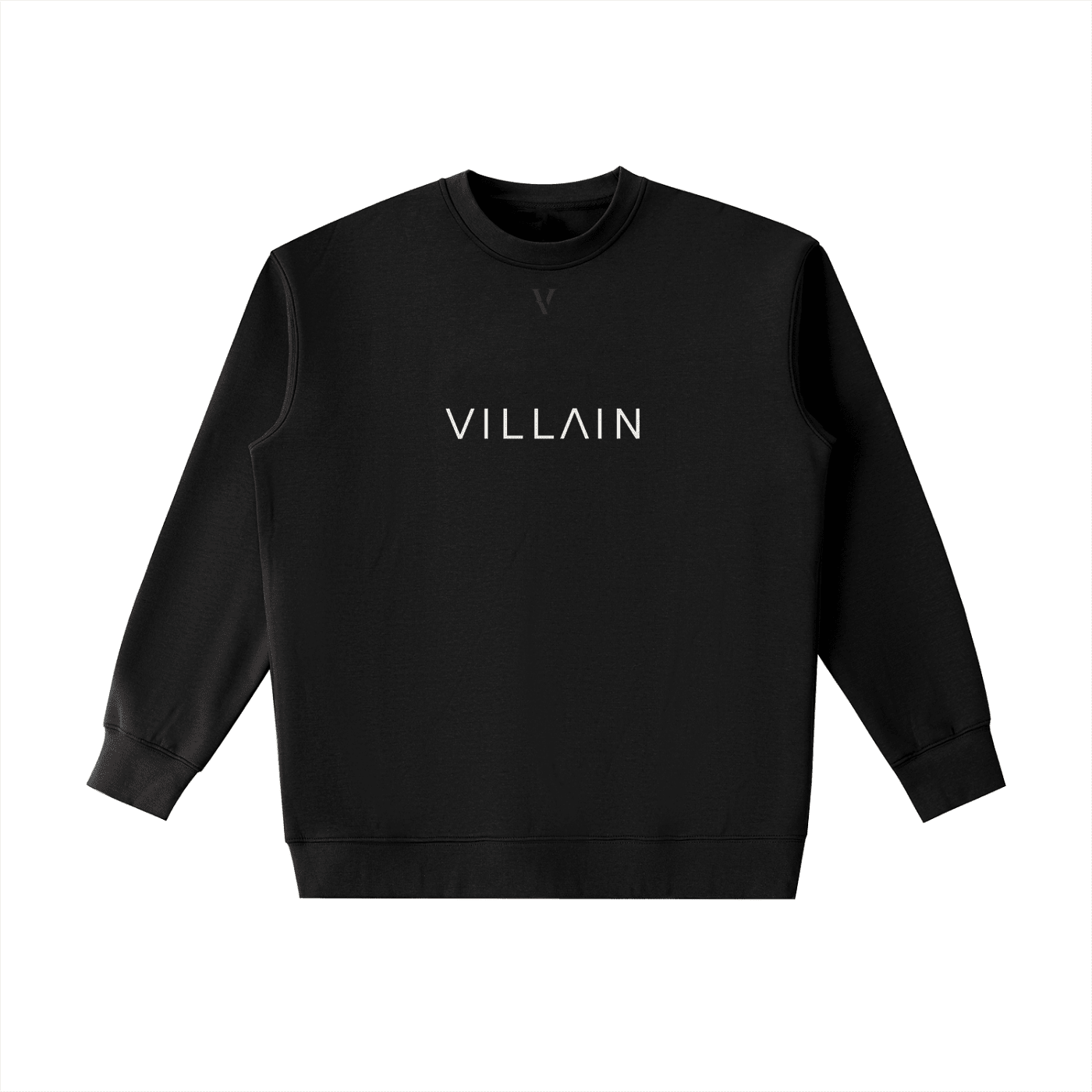 Black heavyweight crewneck sweatshirt with 'VILLAIN' text in white on the front