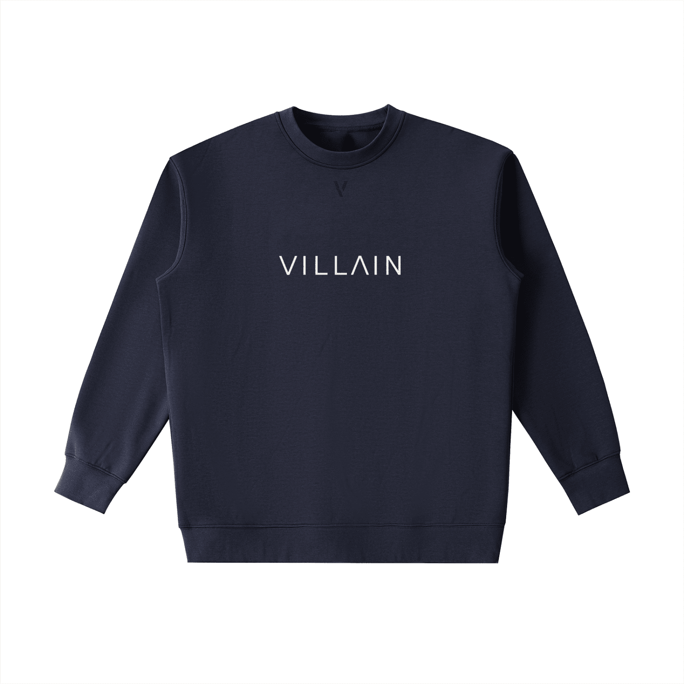 Navy heavyweight crewneck sweatshirt with 'VILLAIN' text in white on the front