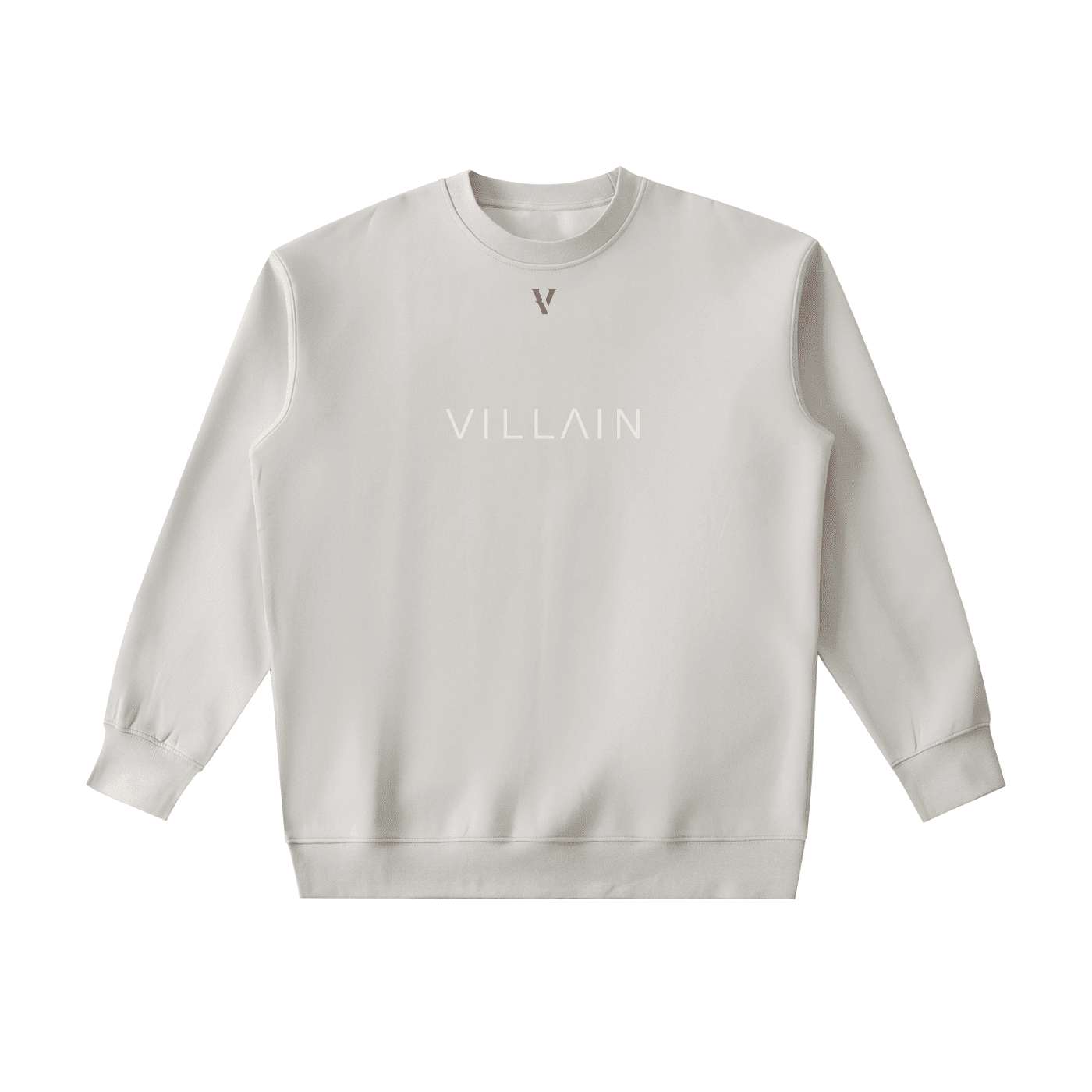 Light grey heavyweight crewneck sweatshirt with 'VILLAIN' text on front, streetwear style
