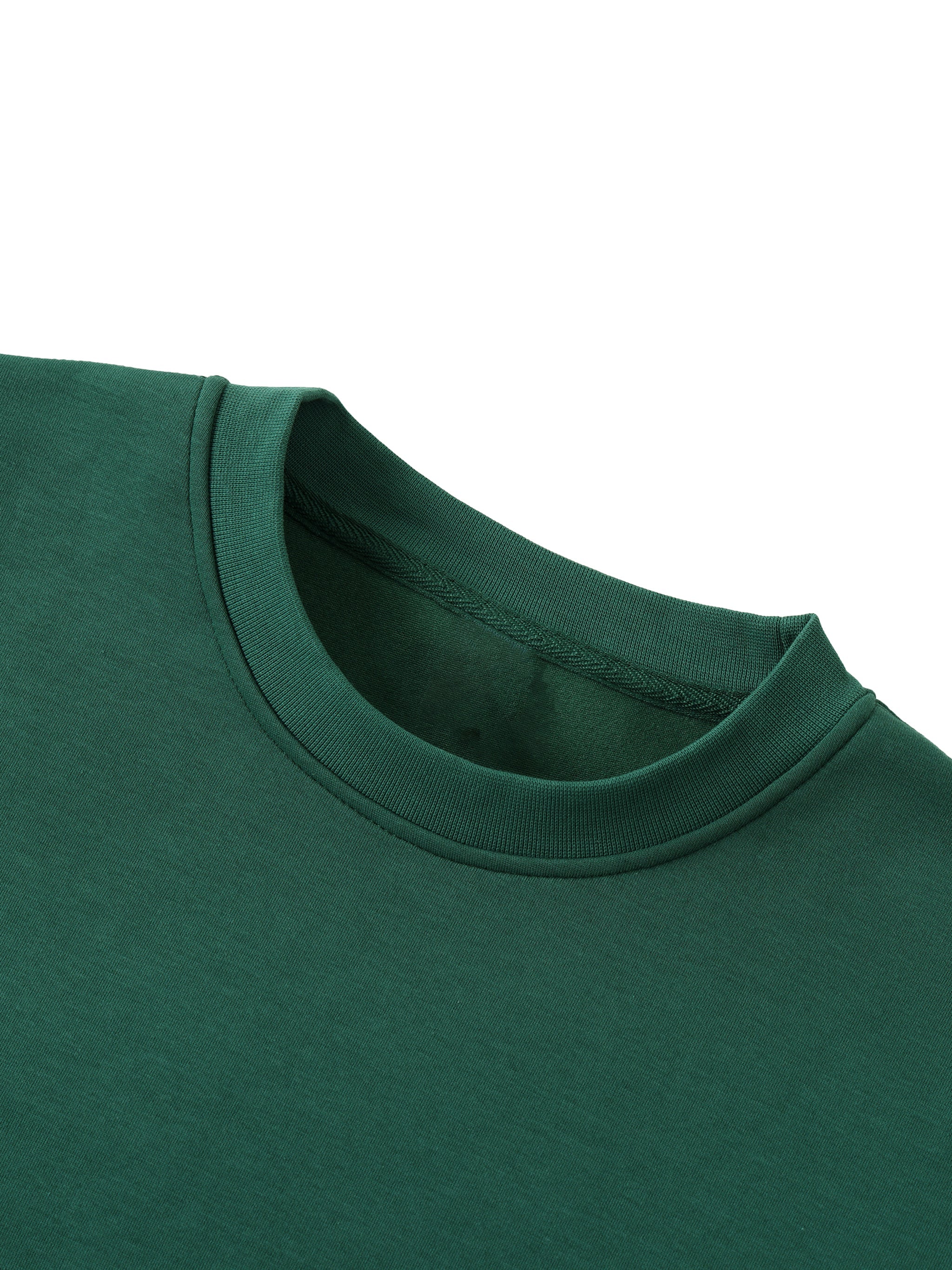 Forest green heavyweight crewneck sweatshirt close-up showing neckline and fabric texture