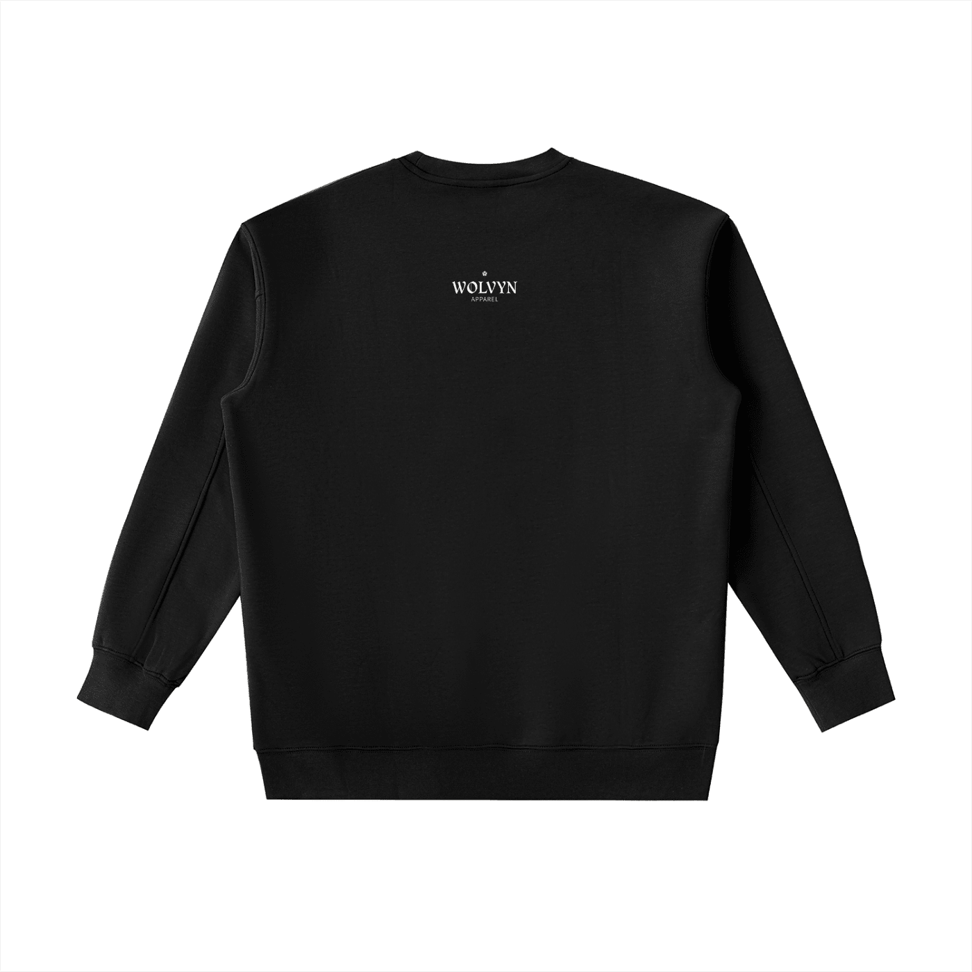 Black heavyweight crewneck sweatshirt with small white Wolvyn Apparel logo on the back