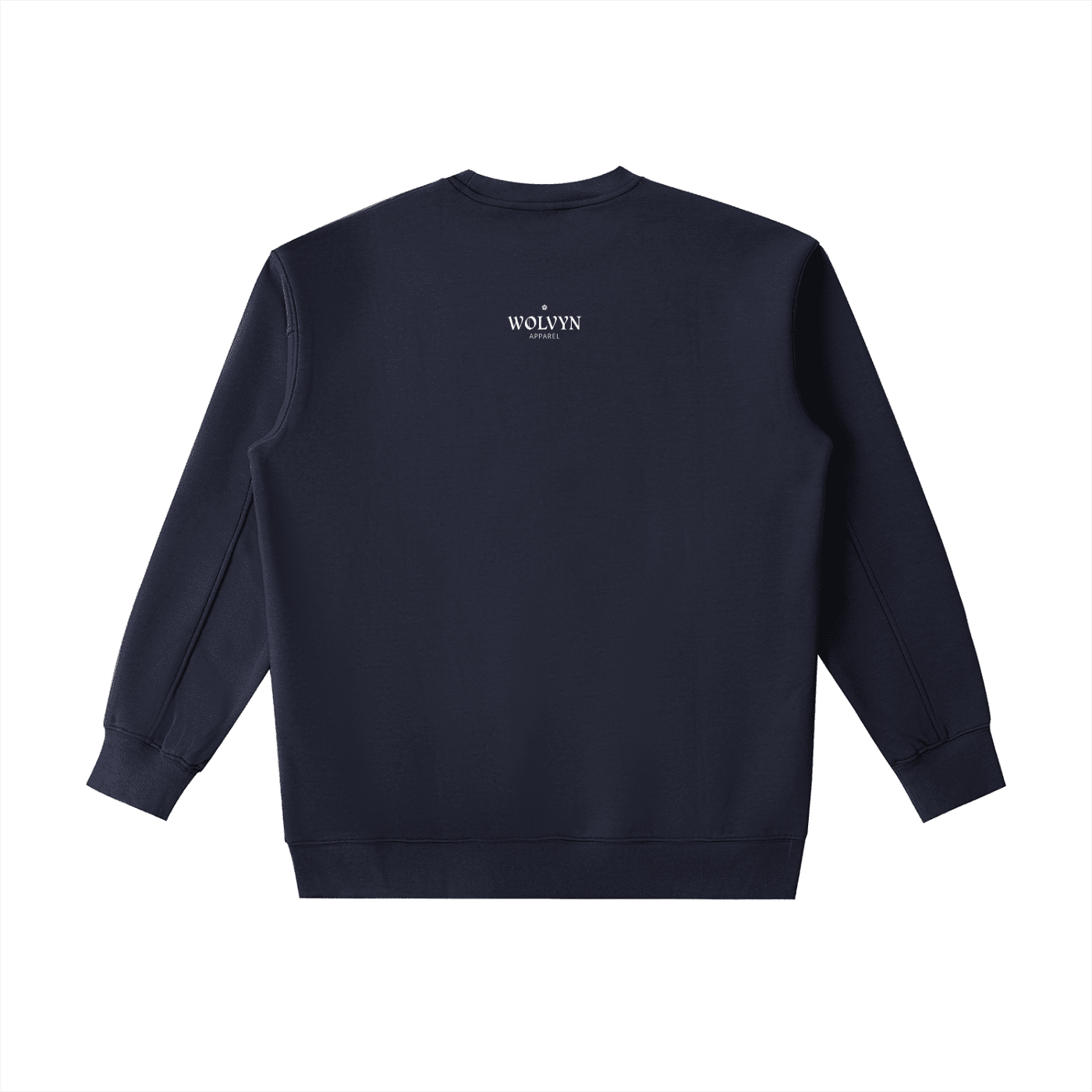 Black heavyweight crewneck sweatshirt with small white Wolvyn Apparel logo on back