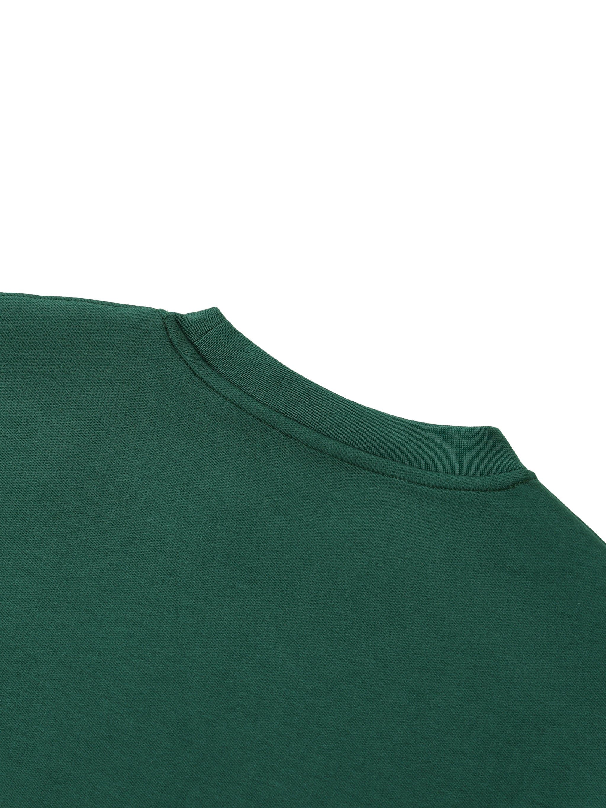 Close-up of dark green heavyweight crewneck sweatshirt collar on white background