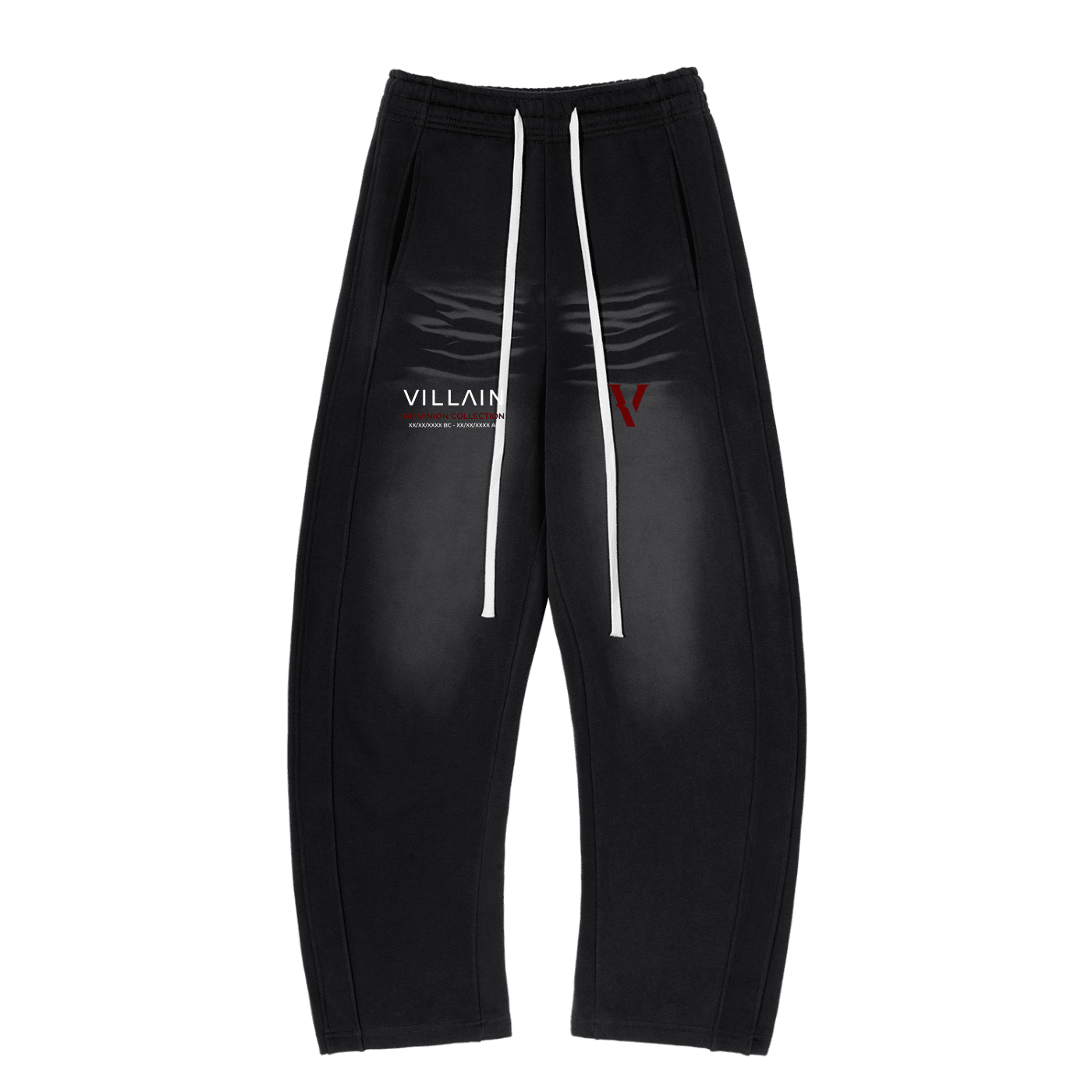 Black fleece sweatpants with curved leg, bold VILLAINS text, sunfade accents, white drawstrings