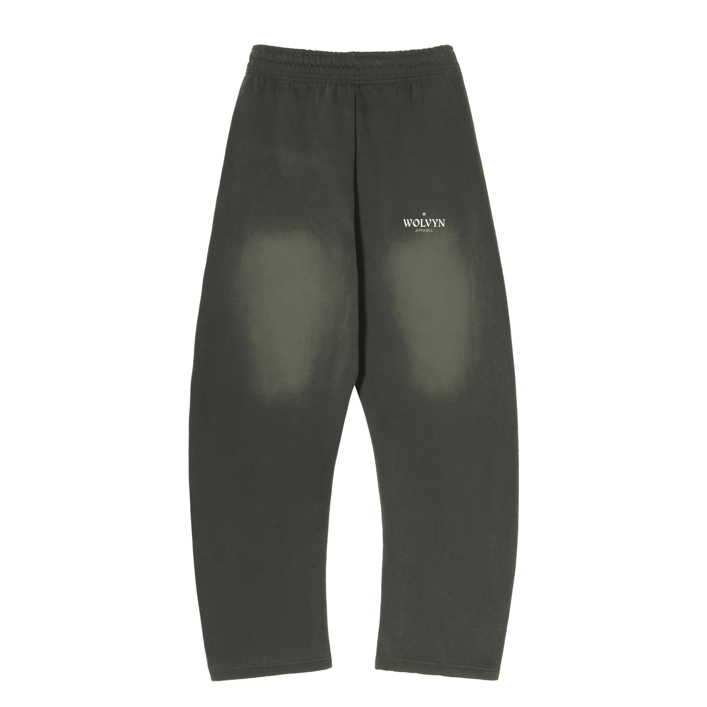 Black fleece sweatpants with sun-fade effect and Wolvyn Apparel logo on front