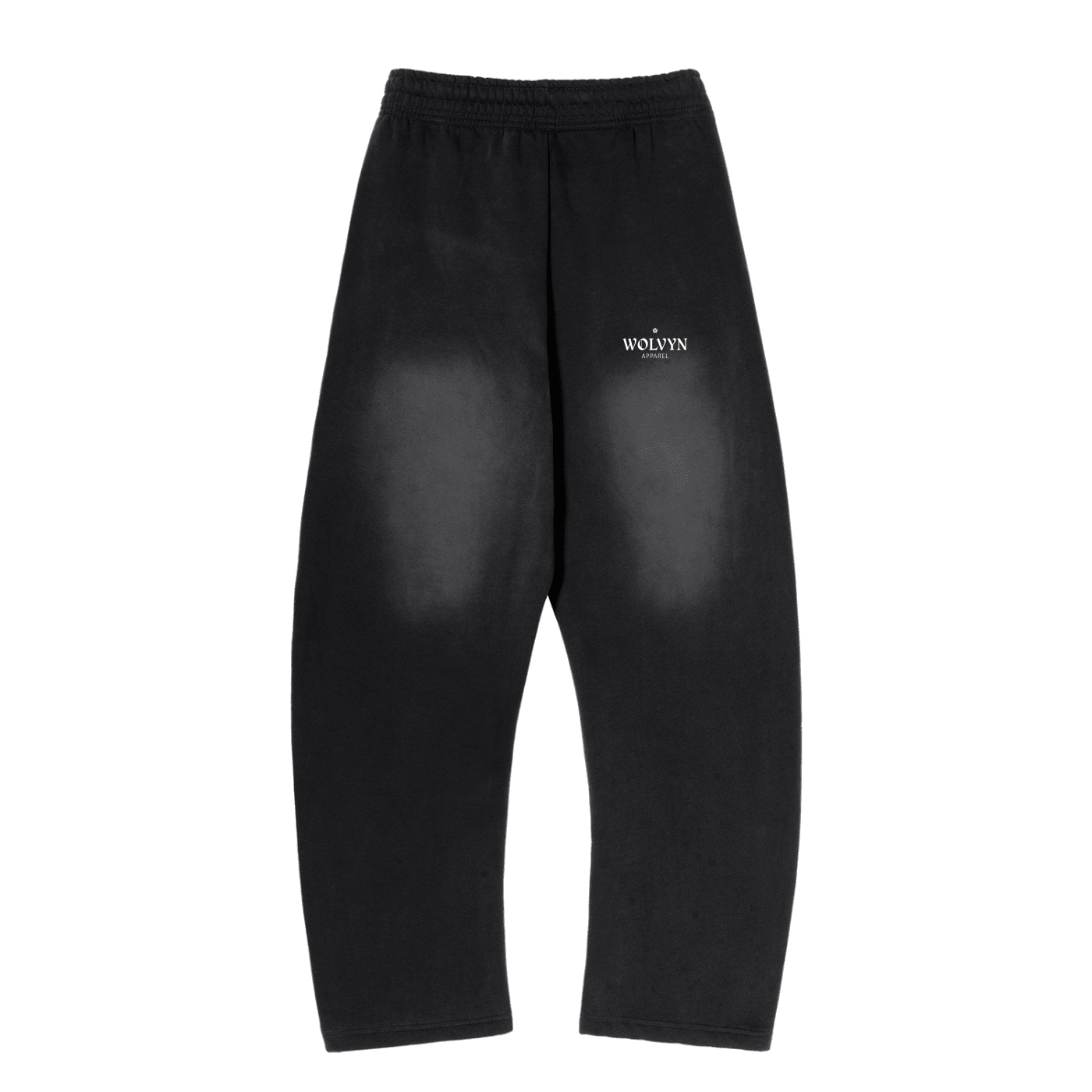 Black fleece sweatpants with sun-faded effect, curved leg, and minimalist logo on the hip