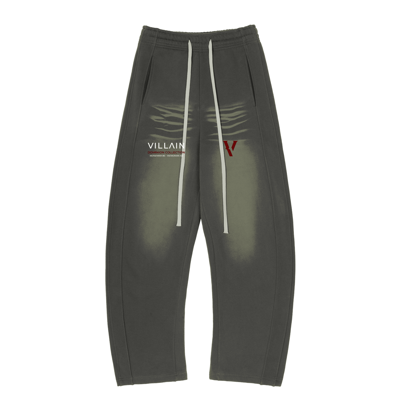 Charcoal fleece sweatpants with curved vintage sunfade, bold V logo, and Villain graphic text
