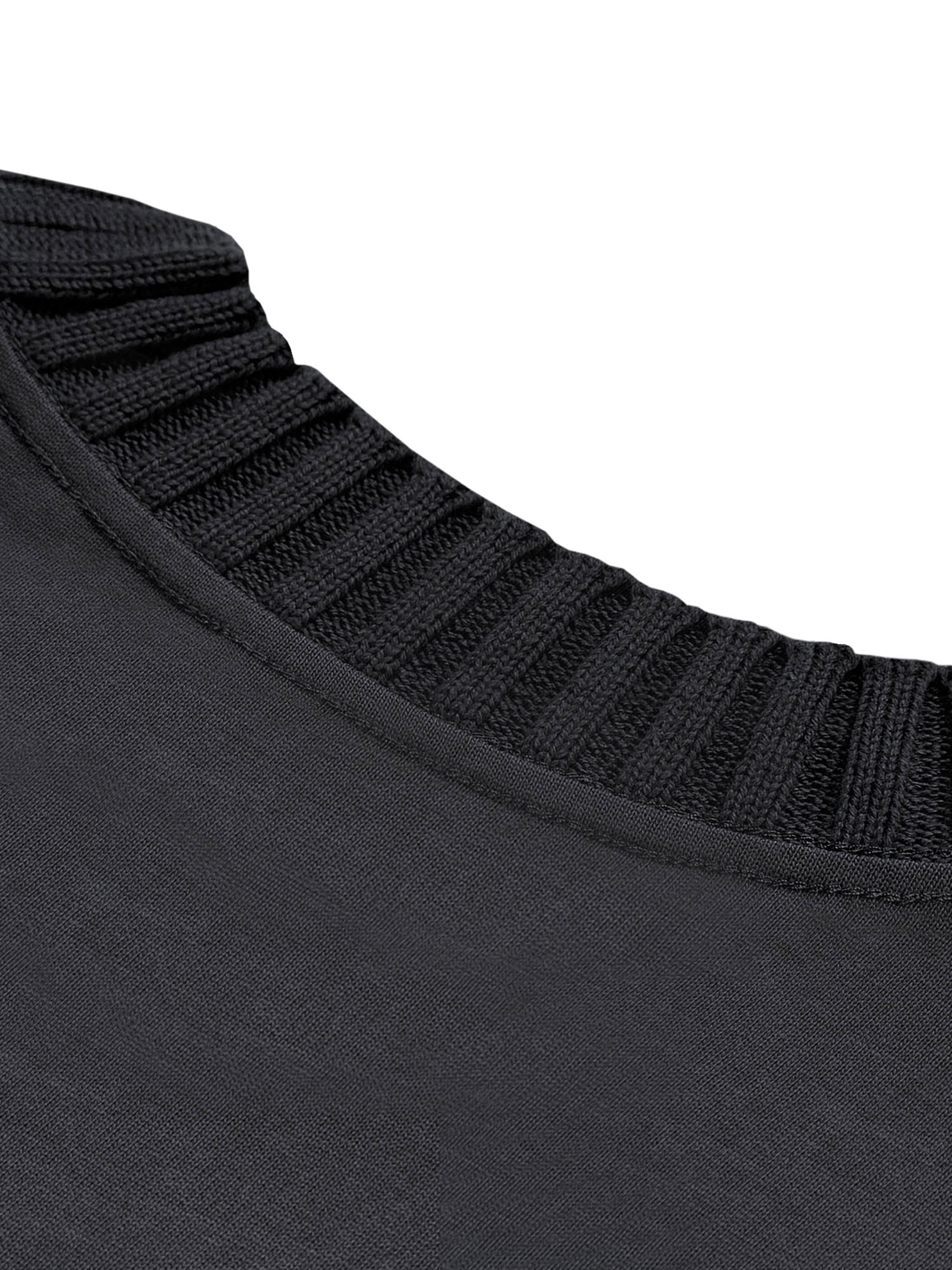 Close-up of heavyweight black knitted crew neck t-shirt collar texture