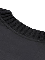 Close-up of heavyweight black knitted crew neck t-shirt collar texture