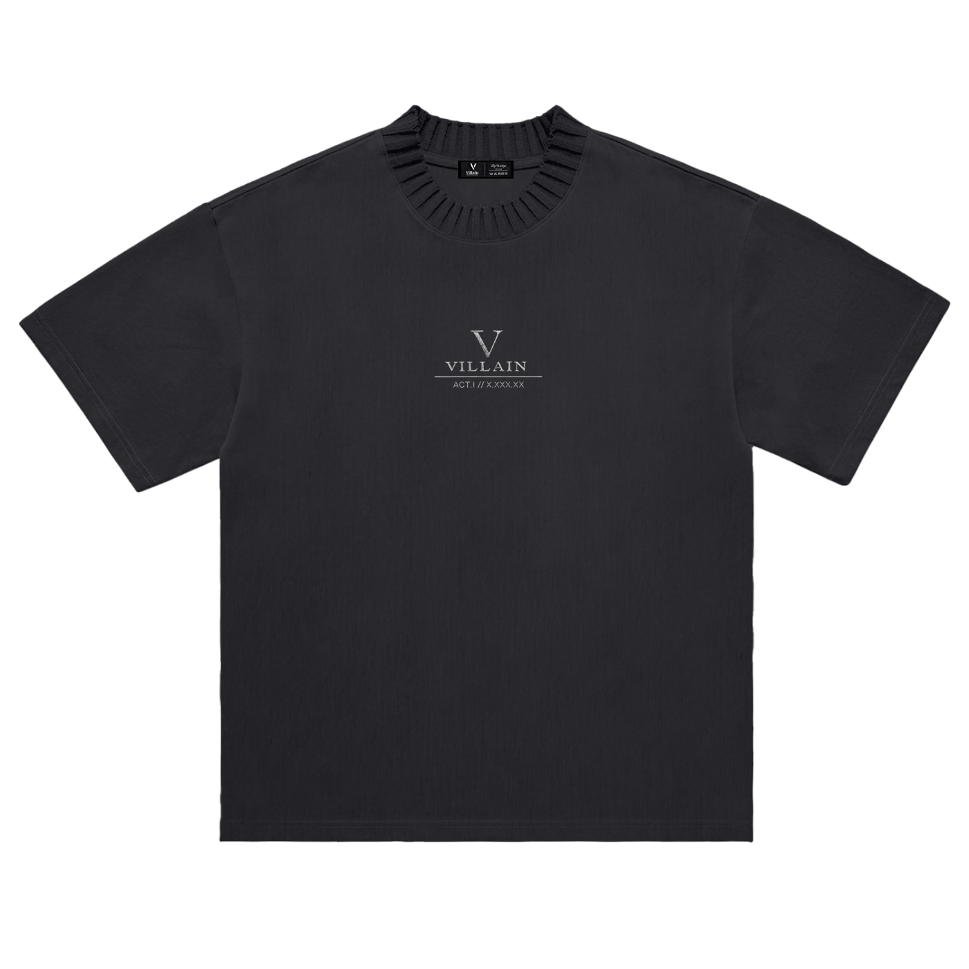 Black heavyweight knitted round neck t-shirt with Villain logo and text on front