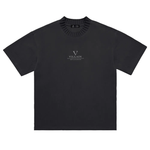 Black heavyweight knitted round neck t-shirt with Villain logo and text on front