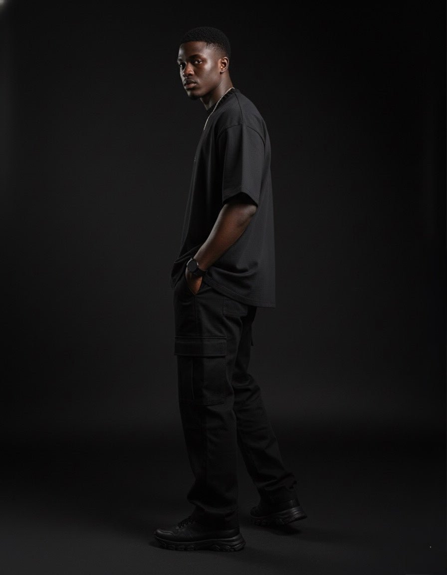 Man wearing heavyweight black knitted round neck t-shirt and cargo pants in studio