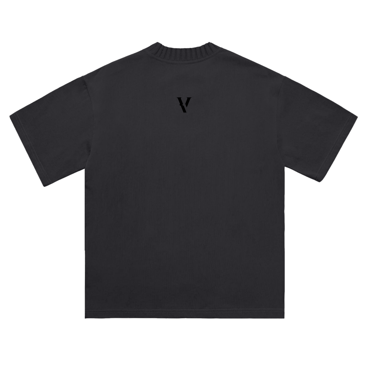 Black heavyweight knitted round neck t-shirt with small V logo on the back