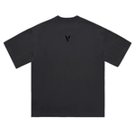 Black heavyweight knitted round neck t-shirt with small V logo on the back